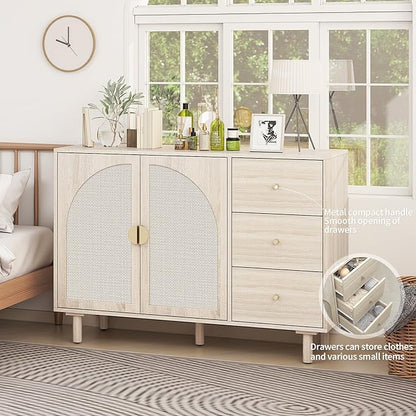 Beige Sideboard Cabinet with 2 Rattan Doors and 3 Drawers, Rattan Buffet Cabinet with Adjustable Shelves & Pine Legs, Boho Sideboard Buffet for Living Room, Kitchen, Entryway, Beige