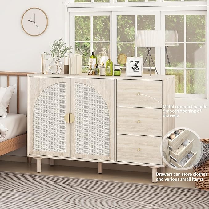 Beige 2 Door 3 Drawer Rattan Cabinet, Accent Storage Cabinets with Cane Door, Stylish Boho Buffet Table with Storage,Black Rattan Cabinet Wood Credenza for Dining Room,Bathroom,Study,Kitchen