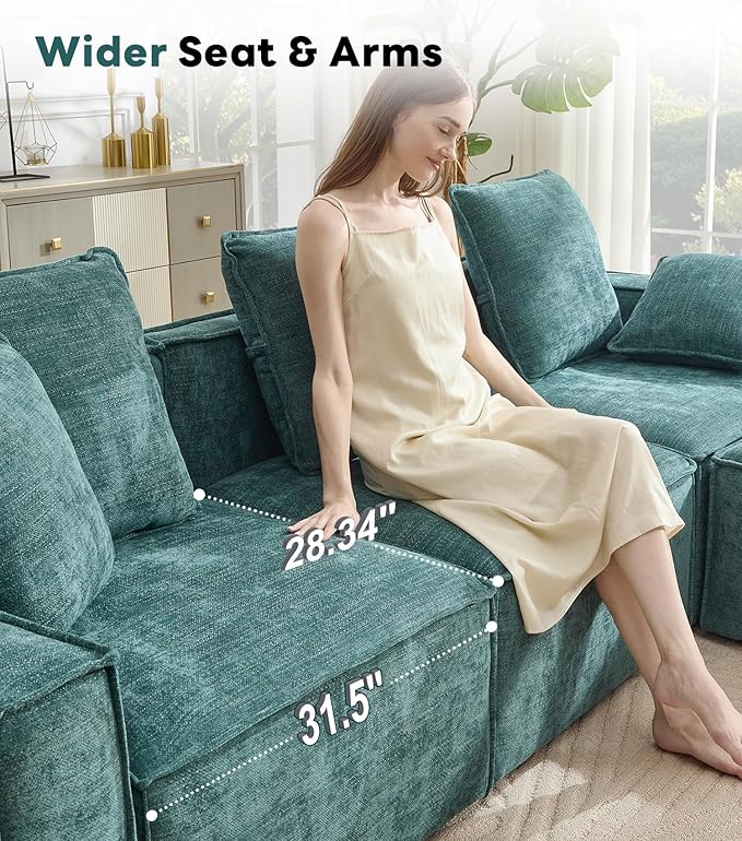 WILLOVE Modular Sectional Sofa Set, Chenille Cloud Couch with Wide Armrests & 8 Pillows, Deep Seat Couches for Living Room, 6-Seater Green
