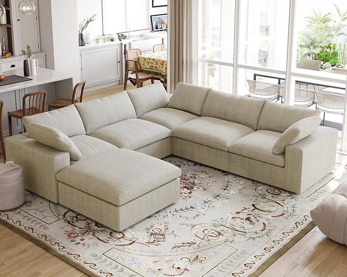 Cloud Modular Sectional Sofa for Livingroom,Large Down Filled Comfort Corner Sectional Sofa Couch with Ottoman,Wide Deep Seat Convertible Couches for Office Apartment,V Shaped,Khaki