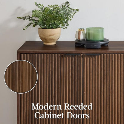 Best Choice Products 55" Modern 4-Door Sideboard Storage Cabinet, Buffet, Media Cabinet, Cupboard, Entryway Accent Table, Bookcase w/Reed Panels and Adjustable Shelves – Walnut