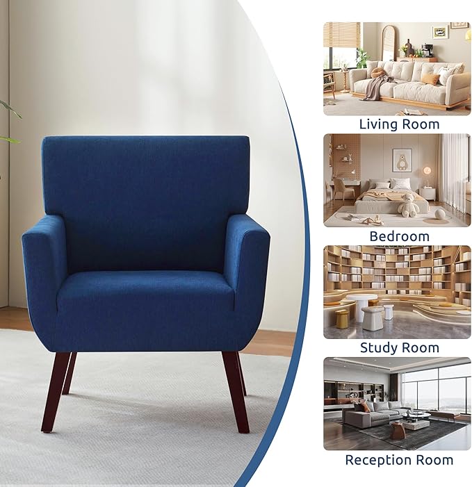 Upholstered Accent Chair,Mid Century Modern Office Fabric Small Living Room Chair with Arm,Comfy Wingback Armchair for Bedroom Reading (Blue, 2 PC)