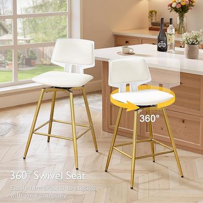 VECELO Swivel Upholstered Bar Stools Set of 2, Counter Height Barstools with Back, Metal Legs, 35.2-Inch Tall Barstools for Kitchen Island, Home Bar, Cafe, White