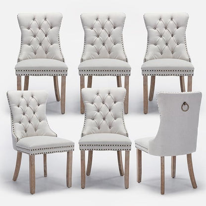 Linen Upholstered Dining Chairs Set of 6, Modern Style Kitchen Side Chairs with Nailhead Trim and Wood Leg, Metal Pulling Ring for Dining Room Living Room(Beige,Set of 6)