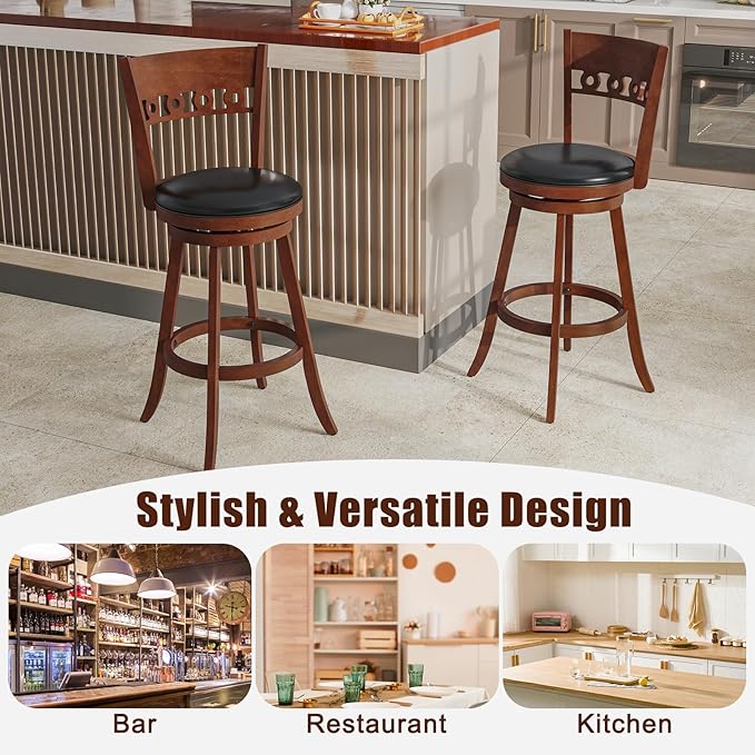 COSTWAY Bar Stools Set of 2, 30.5” Bar Height Bar stools with Solid Wood Legs, Cushioned Seat, Footrest, for Home, Kitchen Island, Bar (2, 30.5'' Seat Height)