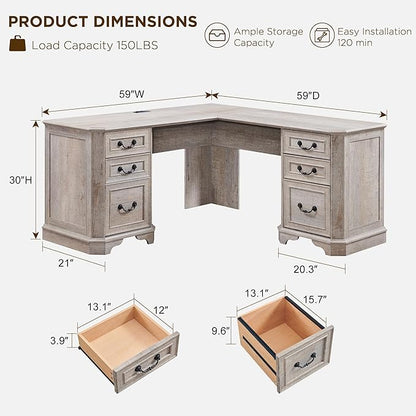 T4TREAM L Shaped Desk with Drawers,59" Farmhouse Wood Home Office Executive Desk,Charging Station,File Drawer, Storage Cabinet,Computer Desk for Work and Study (Light Rustic Oak)