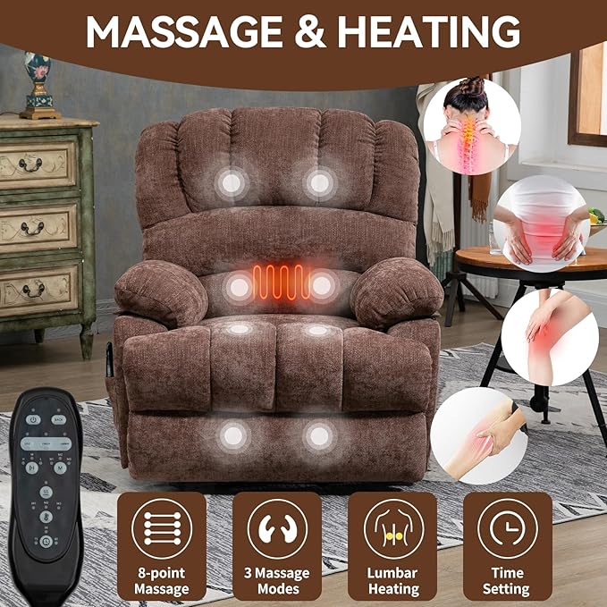 Power Lift Recliner Chair for Elderly with Heat Function, 8 Node Massage with 3 Modes, Silent Operation, Oversized Electric Lift Recliner Single Sofa for Living Room with USB Charging, Brown