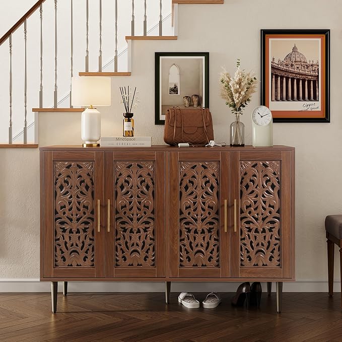ARTPOWER 47.8" Accent Cabinet with 4 Doors, Vintage Hollow Carving Buffet Cabinet, Sideboards and Buffets with Storage, Credenza for Living Room, Kitchen, Dining Room, Entryway, Hallway, Brown