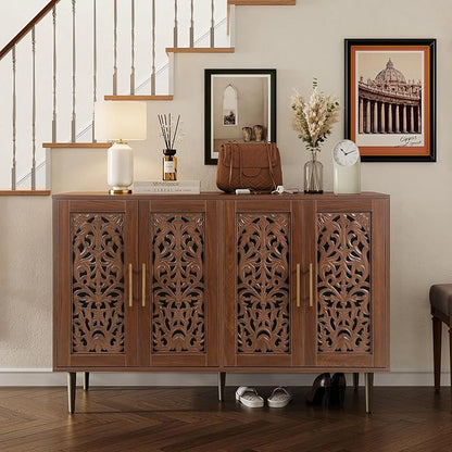 ARTPOWER 47.8" Accent Cabinet with 4 Doors, Vintage Hollow Carving Buffet Cabinet, Sideboards and Buffets with Storage, Credenza for Living Room, Kitchen, Dining Room, Entryway, Hallway, Brown