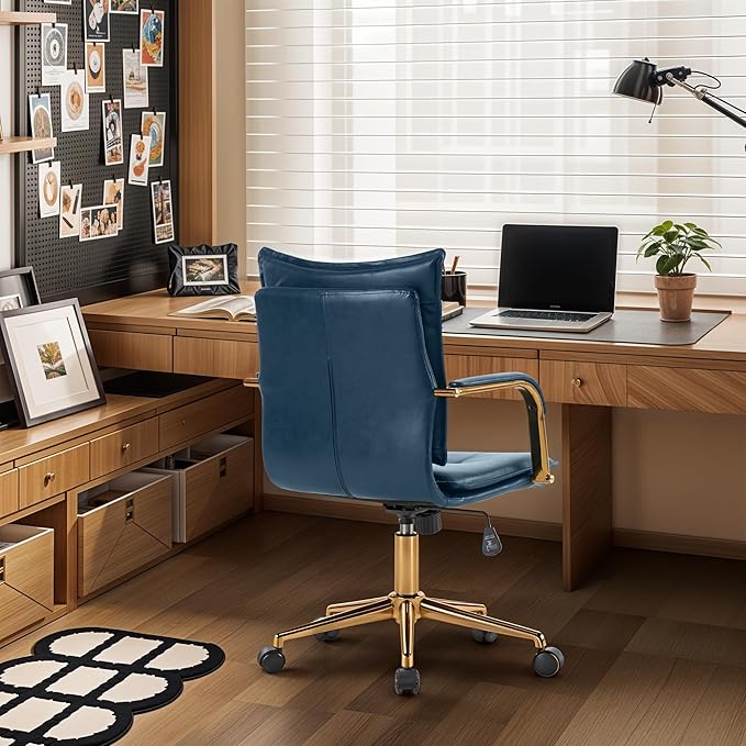 MOJAY Mid-Back Ergonomic Leather Office Chair, Modern Upholstered Executive Desk Chair with Gold Frame Armrest Computer Task Chair (DarkBlue)