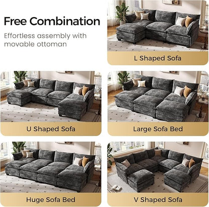 KKL 120" Modular Sectional Sofa for Living Room, U-Shaped 6 Seater Convertible L-Shaped Cloud Couch with Ottoman, Chenille Modern Sectional Couches for Living Room, Apartment, Grey