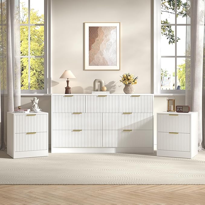 3-Piece Modern Bedroom Furniture Set, Wide 7-Drawer Dresser & 2-Drawer Nightstands Set of 2, Natural Wood Dresser and Nightstand Sets for Bedroom, Hallway, White