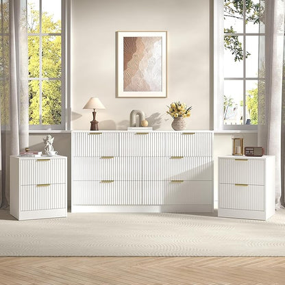 3-Piece Modern Bedroom Furniture Set, Wide 7-Drawer Dresser & 2-Drawer Nightstands Set of 2, Natural Wood Dresser and Nightstand Sets for Bedroom, Hallway, White
