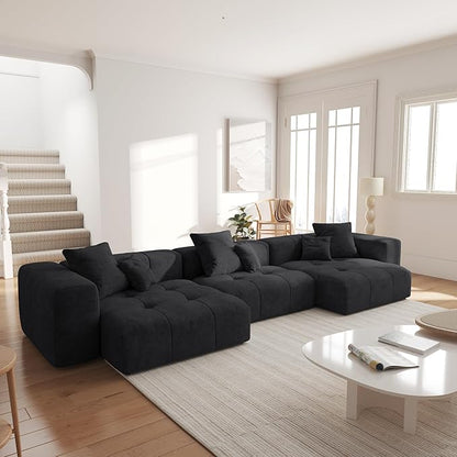 WJShome 144" Sectional Couches for Living Room,Modular Sectional Sofa, U Shaped Couch, Linen Deep Seat Cloud Couches with Pillow for Living Room,Black
