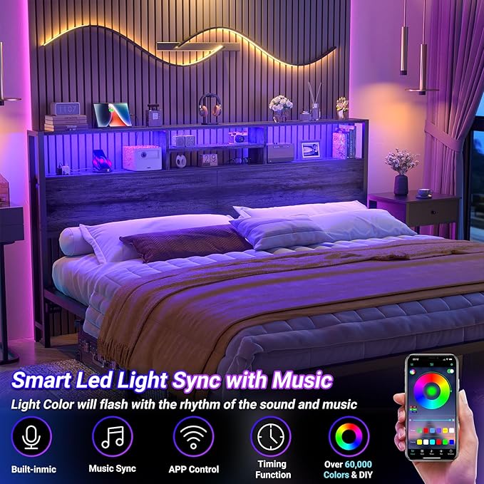 Aheaplus Headboard for King Size Bed with Storage, Headboards with Outlets, USB Ports and LED Light, King Size Head Board Only, Height Adjustable, Reversible, Sturdy and Stable Headboard, Black Oak