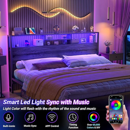 Aheaplus Headboard for King Size Bed with Storage, Headboards with Outlets, USB Ports and LED Light, King Size Head Board Only, Height Adjustable, Reversible, Sturdy and Stable Headboard, Black Oak