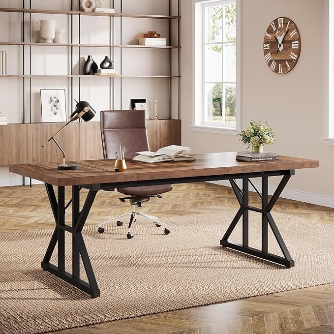 Tribesigns 70.86-Inch Large Executive Desk, Industrial Home Office Computer Desk, Simple Long Writing Study Table Business Furniture (Brown/Black)