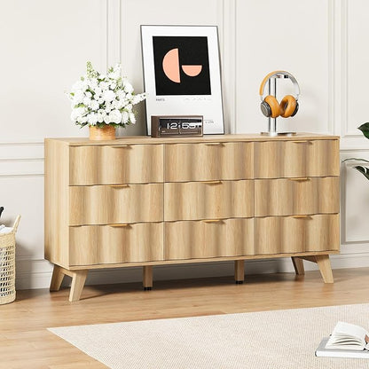 9 Drawer Dresser, Modern Fluted Storage Dresser with Deep Drawers and Metal Handles, Wood Chest of Drawers Storage Organizer for Bedroom, Living Room, Hallway (Natural)