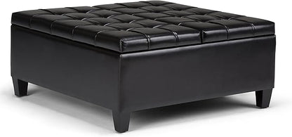SIMPLIHOME Harrison 36 inch Wide Transitional Square Coffee Table Storage Ottoman in Midnight Black Vegan Faux Leather, Assembled, For the Living Room and Bedroom