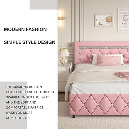 BarnFurin King Size Bed Frame, Faux Leather Upholstered Bed with Diamond Tufted Headboard, Modern King Size Bed with Wooden Slats Support, No Box Spring Required, Easy Assembly, Pink
