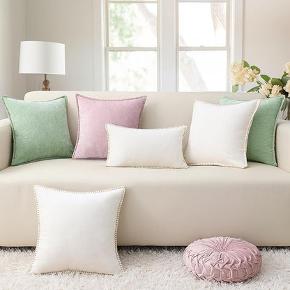 decorUhome Christmas Chenille Soft Throw Pillow Covers 20x20 Set of 2, Farmhouse Velvet Neutral Decorative Euro Pillow Covers with Stitched Edge for Couch Sofa Bed Home Decor, Sage Green