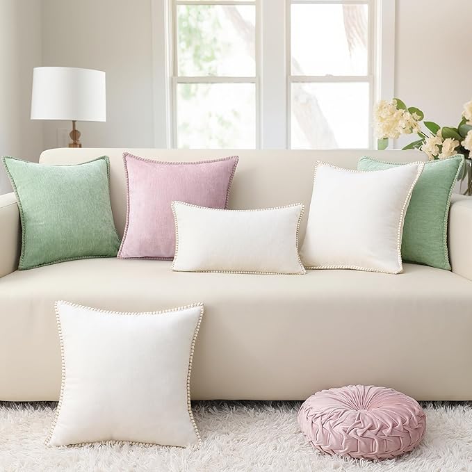 decorUhome Chenille Soft Throw Pillow Covers 24x24 Set of 2, Farmhouse Velvet Neutral Decorative Euro Pillow Covers with Stitched Edge for Couch Sofa Bed Home Decor, Blush Pink