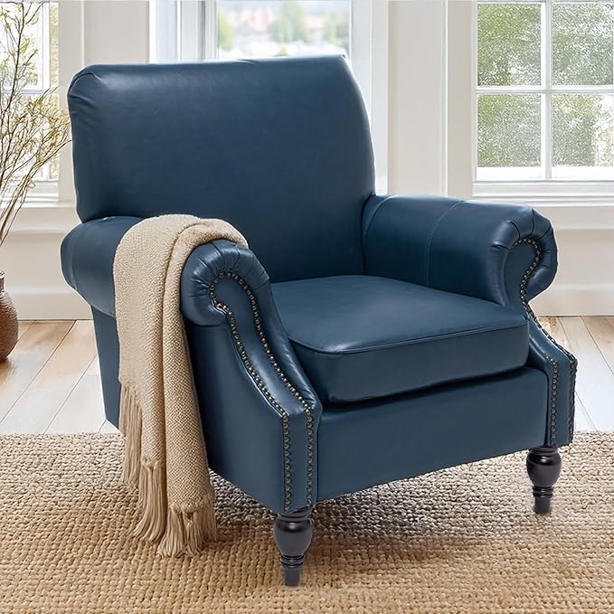Accent Chair,22.4" Seat Depth Armchair with Roll Arms,36.6W*34.3D*34.6H Living Room Chair,Wood Legs,Set of 2,Faux Leather in Navy