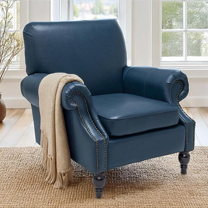 Accent Chair,22.4" Seat Depth Armchair with Roll Arms,36.6W*34.3D*34.6H Living Room Chair,Wood Legs,Set of 2,Faux Leather in Navy