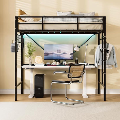 Loft Bed Twin,Loft Bed with Built-in Power Outlet LED Lights,Clothing Hanger,Storage Pouch,Heavy Duty Metal Safety Guard Rail for Kids Teens Adults,No Box Spring Needed,Black