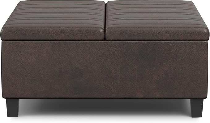 SIMPLIHOME Ellis 36 inch Wide Contemporary Square Coffee Table Storage Ottoman in Distressed Brown Vegan Faux Leather, Assembled, for The Living Room and Bedroom