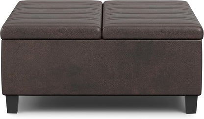 SIMPLIHOME Ellis 36 inch Wide Contemporary Square Coffee Table Storage Ottoman in Distressed Brown Vegan Faux Leather, Assembled, for The Living Room and Bedroom