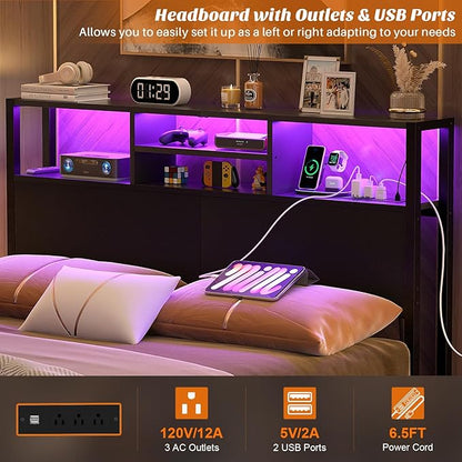 Aheaplus Headboard for Full Size Bed with Storage, Headboards with Outlets, USB Ports and LED Light, Full Size Head Board Only, Height Adjustable, Reversible, Sturdy and Stable Headboard, Black