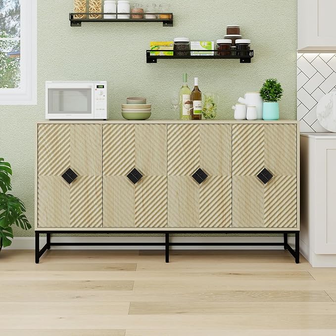 Sideboard Buffet Cabinet with Storage - Accent Storage Cabinet with Doors, Wood 4 Doors Cabinet with Metal Legs, 60" Buffets & Sideboards, Modern Credenza for Living Room (Natural)