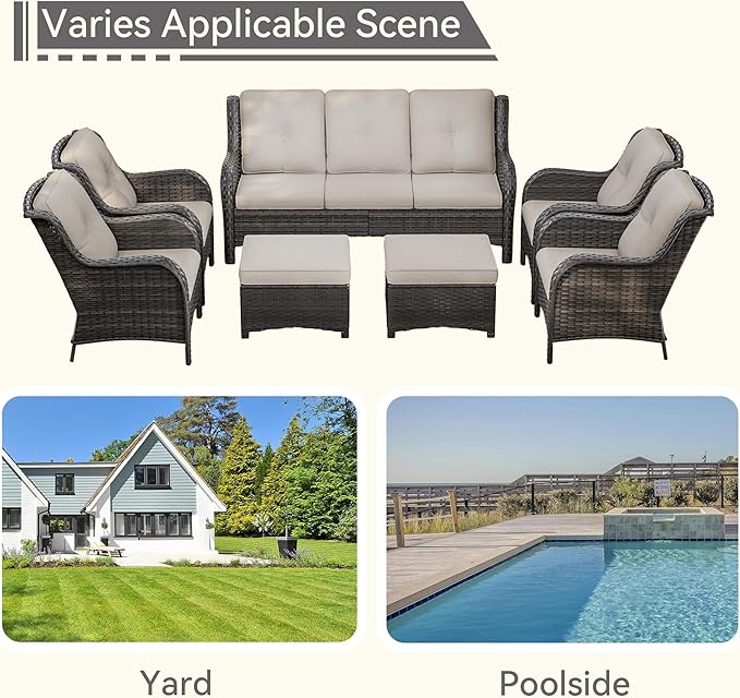 7 Pieces Outdoor Patio Conversation Set, Wicker Furniture Set Includes 3-Seat Sofa, Patio Rattan Dining Chair Set of 4, 2 Ottomans, for Porch, Yard, Mixed Brown Rattan, Beige