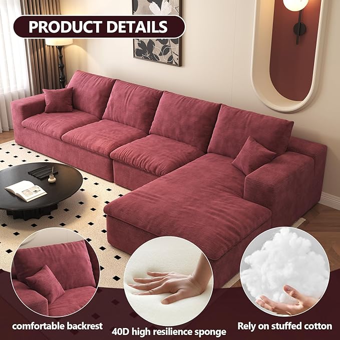 136.6'' L-Shaped Modern Modular Sectional Cloud Couch, 4-Seat Chenille Deep-Seat Sofa with Pillow for Living Room, Bedroom, Apartment, Wine Red