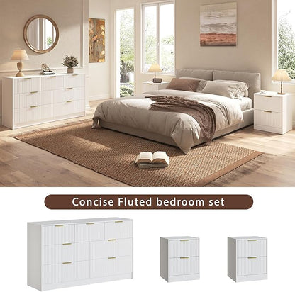 3-Piece Modern Bedroom Furniture Set, Wide 7-Drawer Dresser & 2-Drawer Nightstands Set of 2, Natural Wood Dresser and Nightstand Sets for Bedroom, Hallway, White