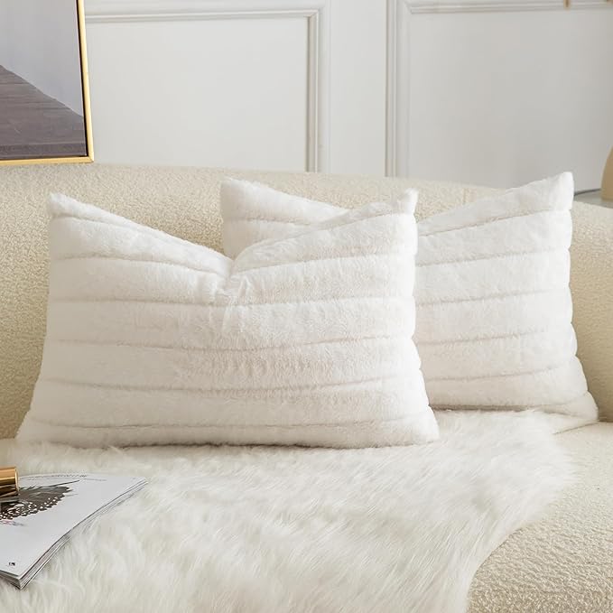 Pack of 2 Faux Fur Throw Pillow Covers 12x20 Inch Striped Decorative Soft Plush Couch Pillow Case Home Decor for Bed, Sofa, Living Room Cream White