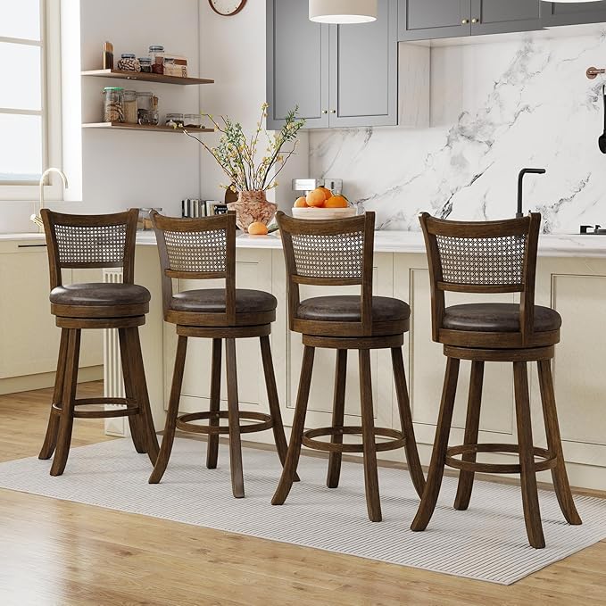 COSTWAY 30” Swivel Bar Height Barstool Set of 2, Rubber Wood Bar Stools with Rattan Backrest, Footrest, Upholstered Leathaire Armless Chairs for Kitchen Island, Pub, Brown (4, 30” Seat Height)