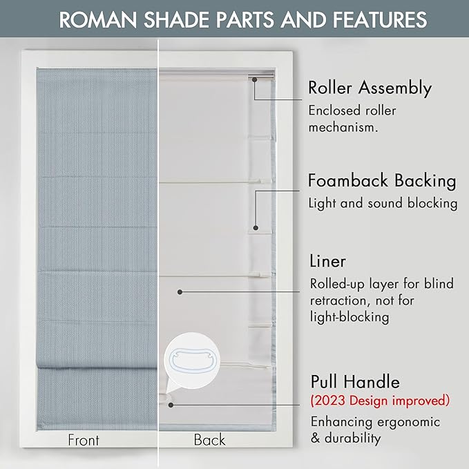 Madison Park Galen Cordless Roman Shade, 34"W x 64"H, Sheen Blue – Room Darkening, Thermal Insulated, Energy Efficient Window Blind with Subtle Sheen Basketweave Fabric for Privacy