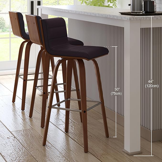 Vienna 30" Swivel Bar Stool in Walnut Wood Finish with Brown Faux Leather - Set of 4