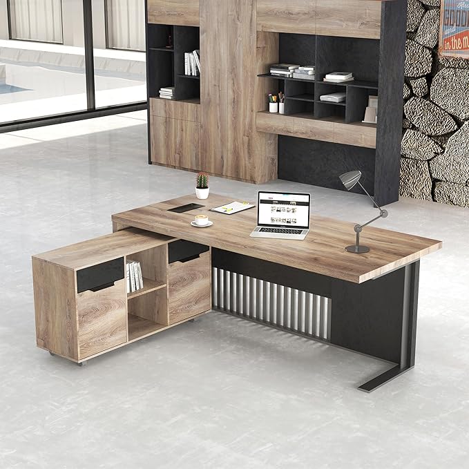 70.87 Inch L Shaped Executive Office Desk with 2 Drawers, Modern Home Office with File Cabinet, Business Furniture W/Stand Under Storage Organizer with 4 Wheels
