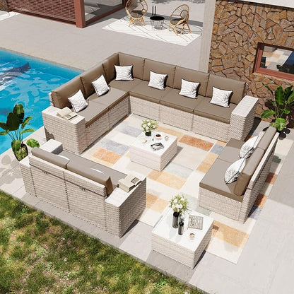 12-Piece Patio Furniture Set, Outdoor Extra Wide Armrest Modular Patio Sofa, Dual-Strand Rattan Wicker, Rust-Resistant Frame, Backyard High Back, Large Seat Furniture for Porch Garden Balcony, Khaki