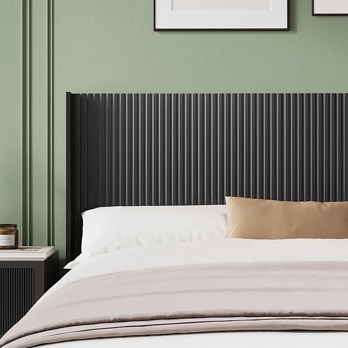 64.6" Wide Wooden Queen Headboard Only, Wingback Boho Headboards, Simple Setup, Modern Farmhouse Headboards with Vertical Grain Design, Wood Headboard Queen Size, Ink Black