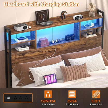 Aheaplus Headboard for Twin Size Bed with Storage, Headboards with LED Light, Power Outlets, USB Ports Twin Size Head Board, Wood headboard Only Sturdy and Stable Headboards, Rustic Brown