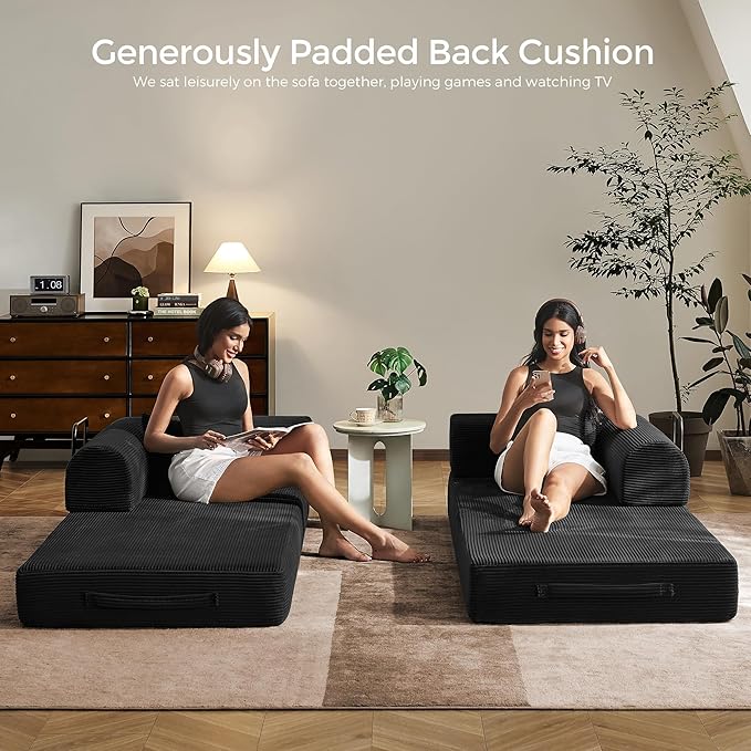 79" Convertible Sofa Bed with Fixed-Shape Frame & Removable Armrests, Modular Corduroy Sleeper Sofa, Folding Mattress Couch for Small Spaces - No Assembly Needed in Black (Includes 2 Pillows)