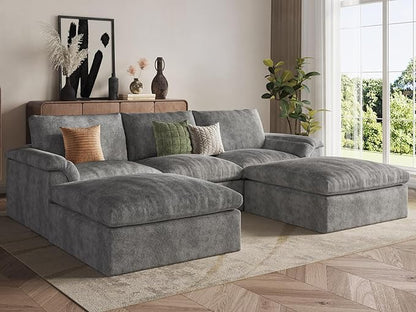 EASE MOOSE Oversized Cloud Couch Sectional Sofa, U-Shaped Modular Couch for Living Room, Minimalist Boneless Convertible Couches with Ottoman, 5-Seat Deep Sofas for Bedroom, Chenille (Grey)