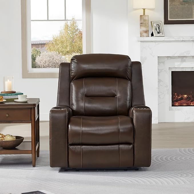 Watson & Whitely Genuine Leather Power Recliner Chairs for Adults, Lay Flat Recliner with Power Headrest, USB Ports and Cup Holders, Electric Reclining Sofa for Living Room, Bedroom, Dark Brown