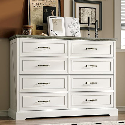 Farmhouse 8 Drawers Dresser for Bedroom, 48" Wide Wood Chest of Drawers with Deep Drawers & Bar Handles, Modern Dresser TV Stand, Rustic Wooden Closet Storage Organizer for Living Room, Hallway, White