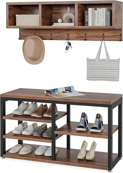LITTLE TREE Coat Shoe Rack, Hall Tree Entryway Bench Set for Hallway, Living Room, Bedroom, Brown