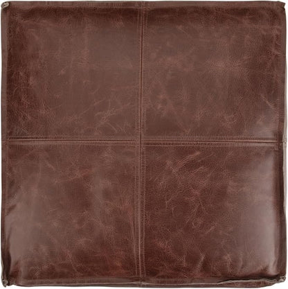 SIMPLIHOME Sheffield Square Pouf - 18 inch Wide Genuine Leather Ottoman in Brown, Boho-Style Footrest, Extra Seating, or Accent Piece for Living Room or Bedroom, Assembled